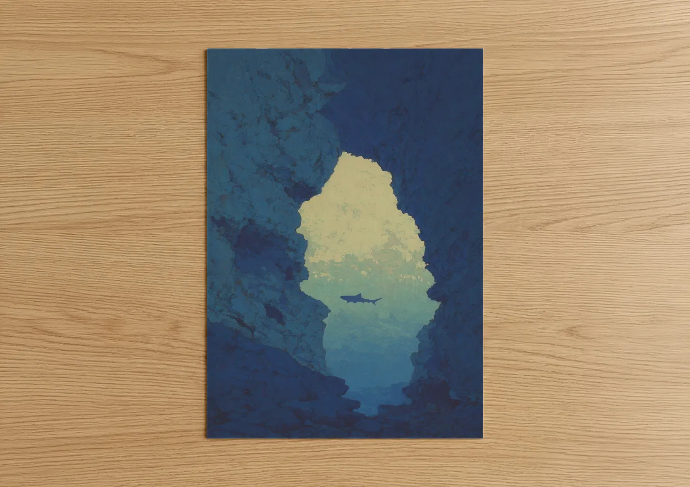 Sand tiger shark art print on warm oak wood — dark blue and turquoise palette — Cavern Shark poster