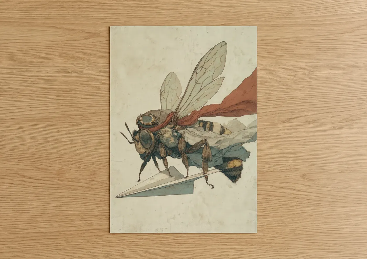 Art print on warm oak wood — cream and russet palette — Steampunk Bee poster