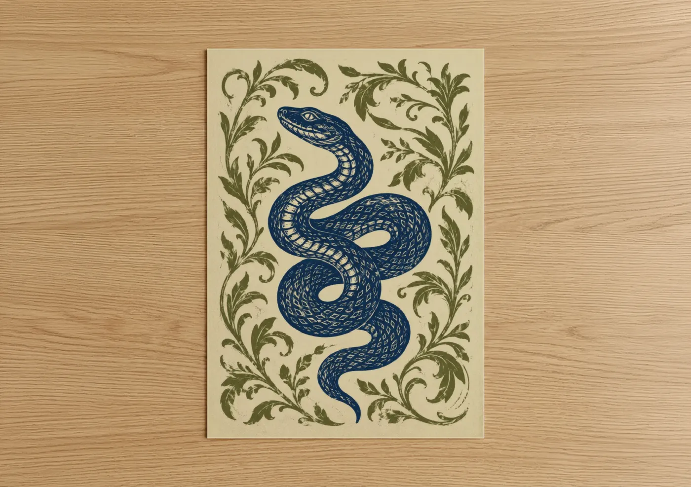 Snake art print on warm oak wood — blue and olive palette — Blue Serpent with Botanical Scrollwork Wall Art poster