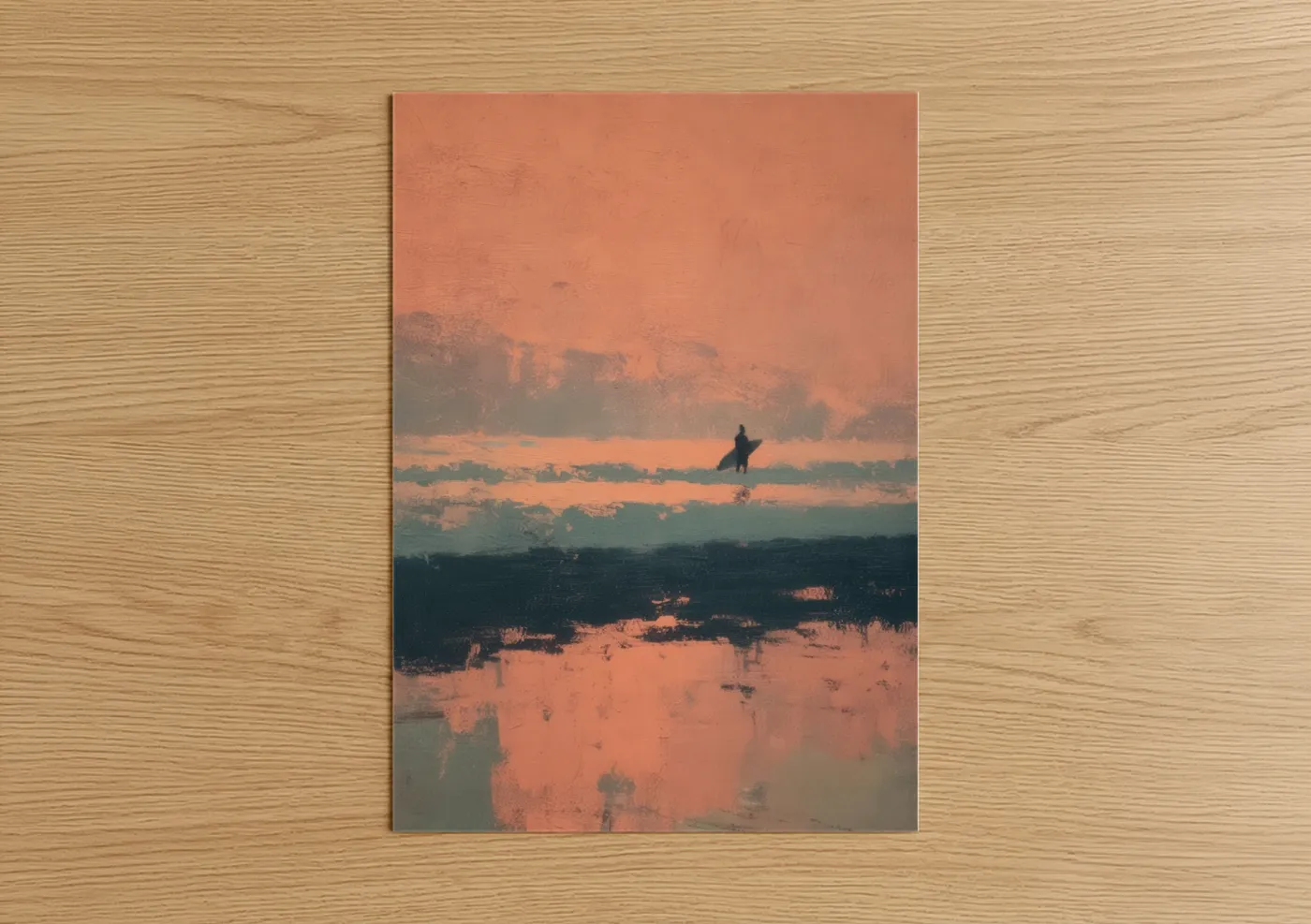 Water surfing art print on warm oak wood — peach and gold palette — Golden Surfer poster