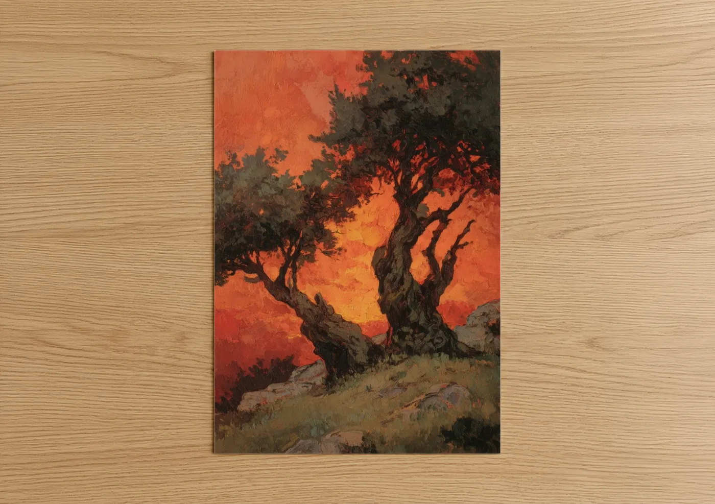 Crimson Olive Sunset Landscape Wall Art
