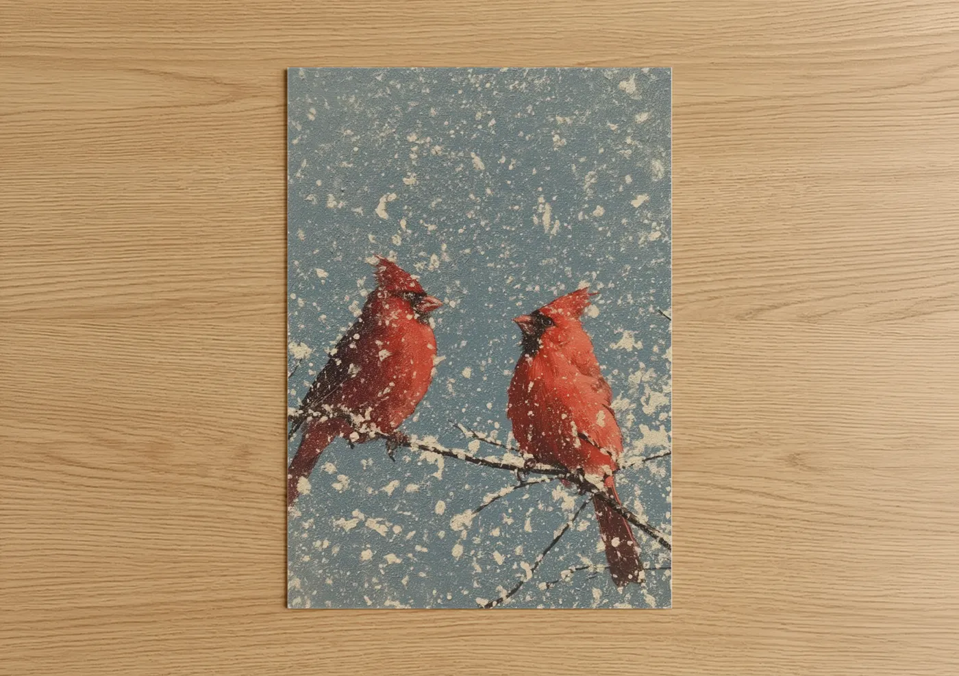 Art print on warm oak wood — red and blue and white palette — Snowy Cardinals poster