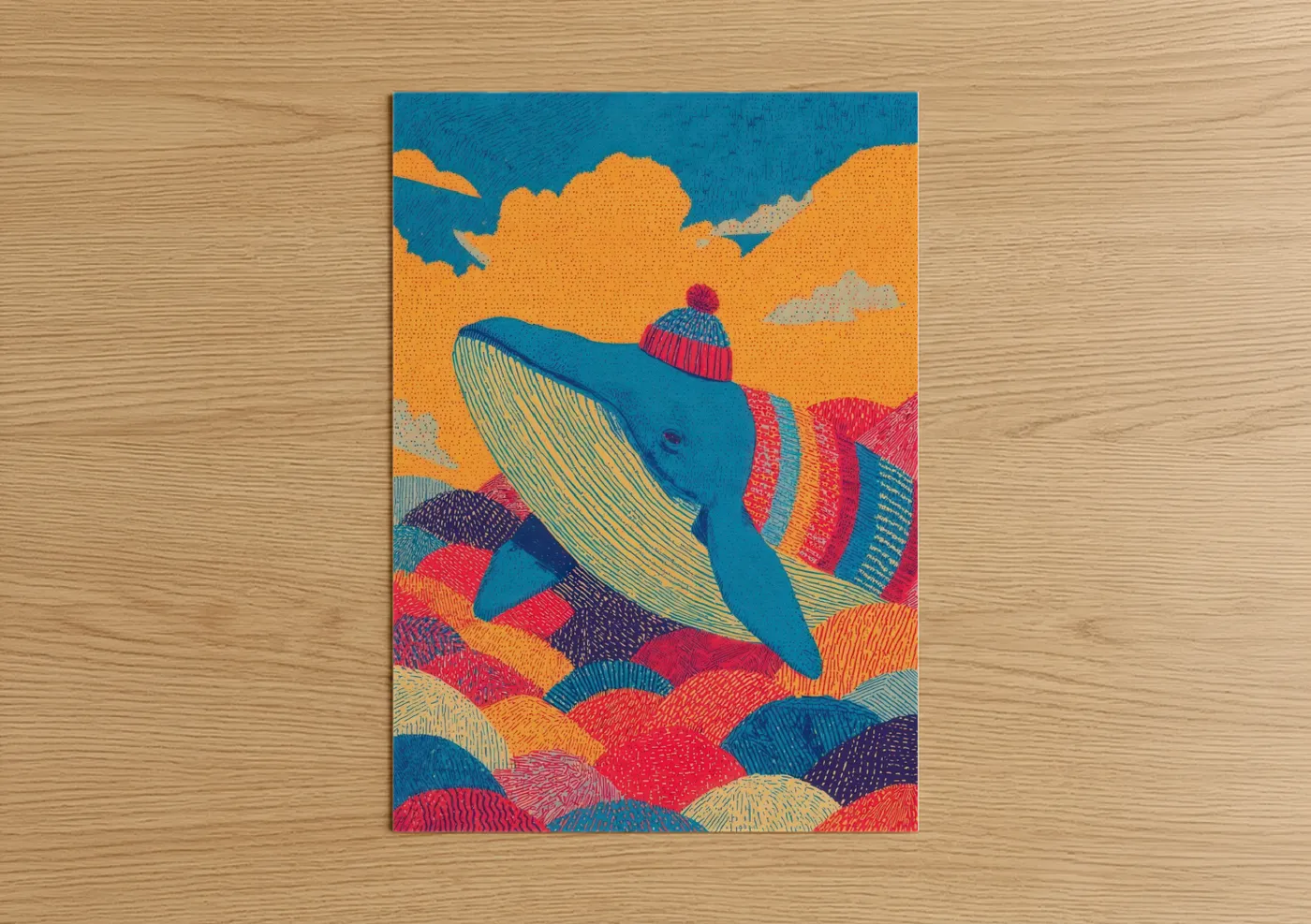 Blue Whale Winter Sweater Illustration Wall Art
