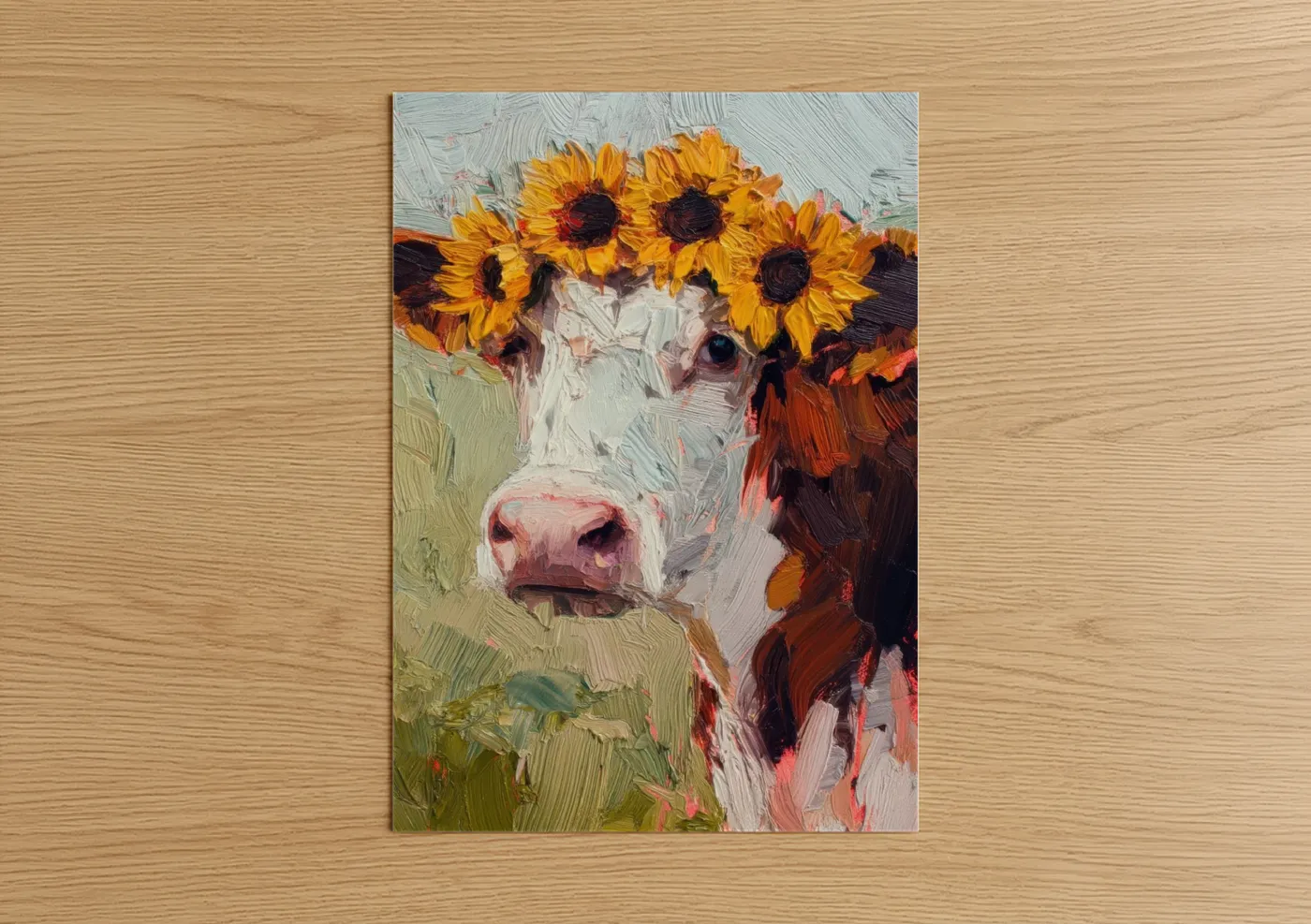 Hereford Cow with Sunflowers Impasto Wall Art