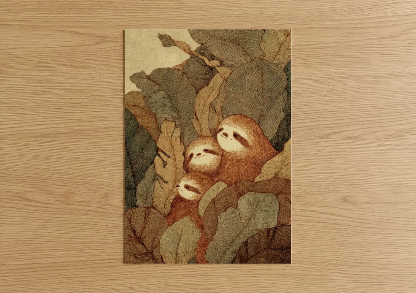 Three Sloths in Leafy Forest Illustration Wall Art