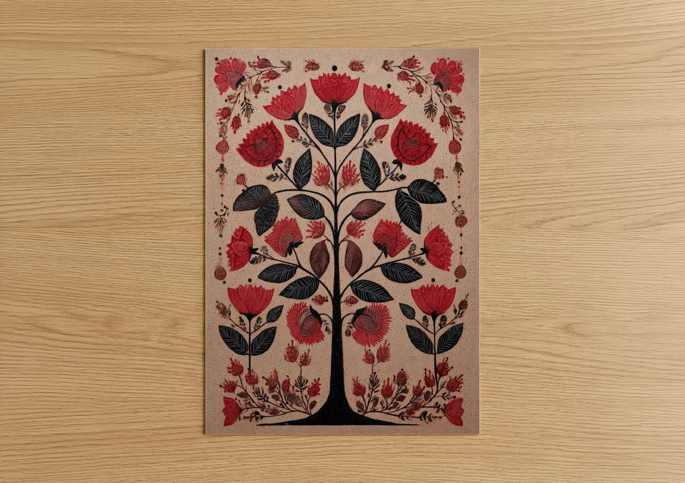 Abstract flower art print on warm oak wood — red and black palette — Crimson Botanical Tree poster