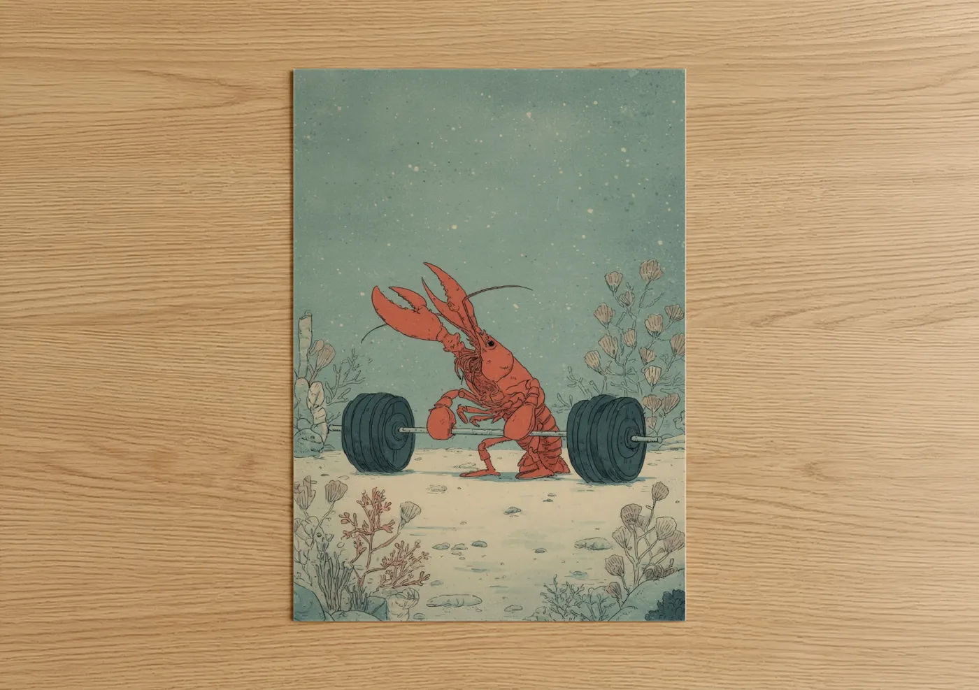 Red Lobster Lifting Weights Illustration Wall Art