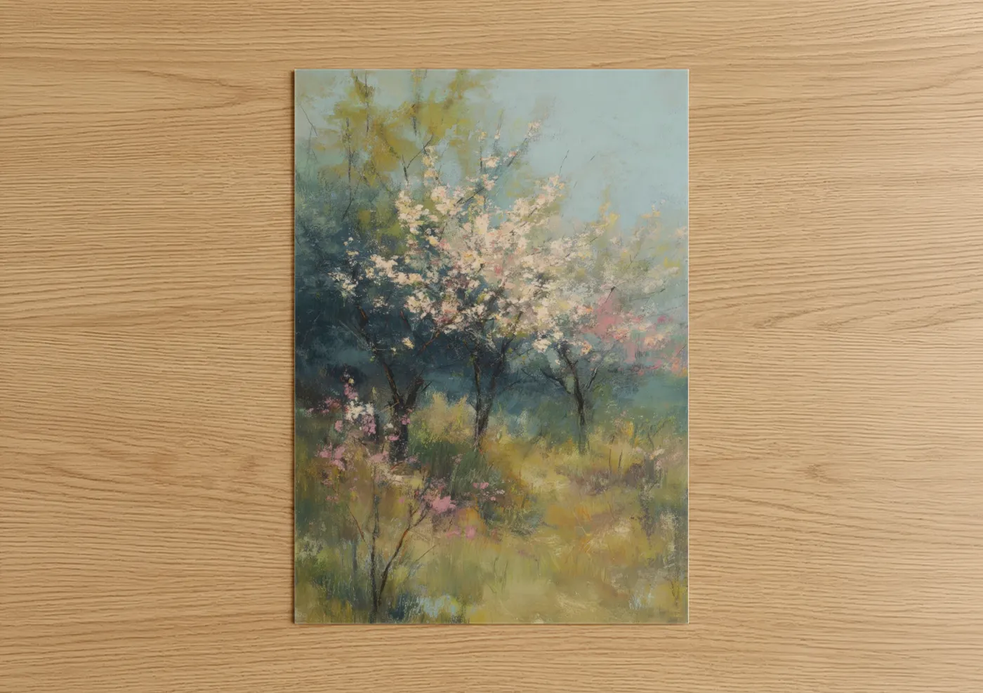 Fruit trees art print on warm oak wood — cream and sage green palette — Spring Blossoms poster