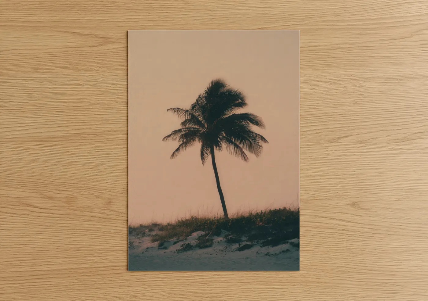 Tropical trees art print on warm oak wood — beige and black palette — Solitary Palm poster
