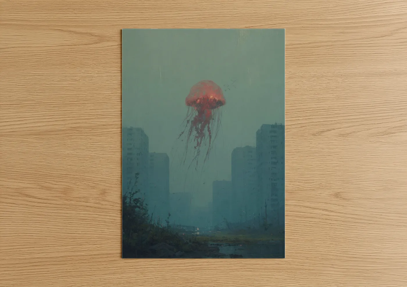 Art print on warm oak wood — teal and salmon pink palette — Crimson Jellyfish poster