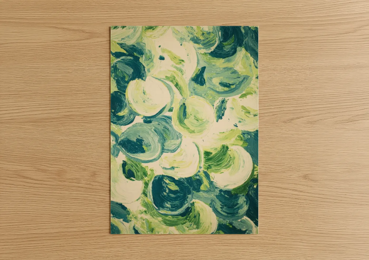 Art print on warm oak wood — cream and true green palette — Creamy Pasta Swirl poster