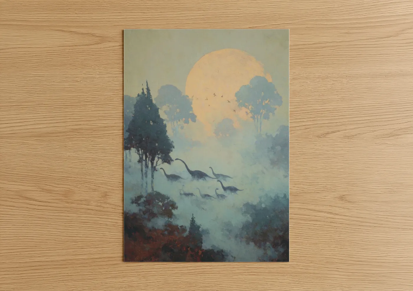 Misty Dinosaur Herd Landscape Sunset Wall Art