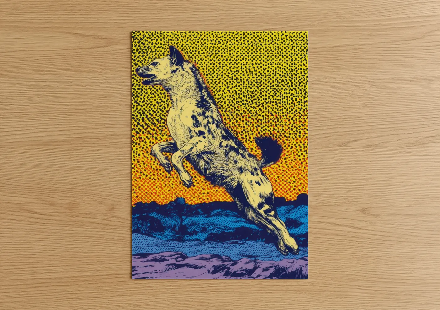 Art print on warm oak wood — yellow gold and blue palette — Rearing Hyena poster
