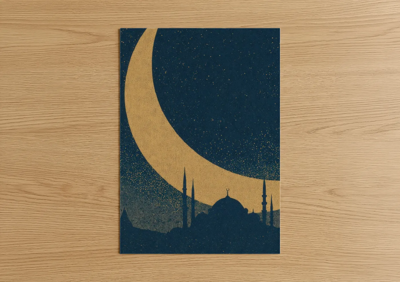 Islam art print on warm oak wood — gold and dark blue palette — Crescent Moon Mosque poster