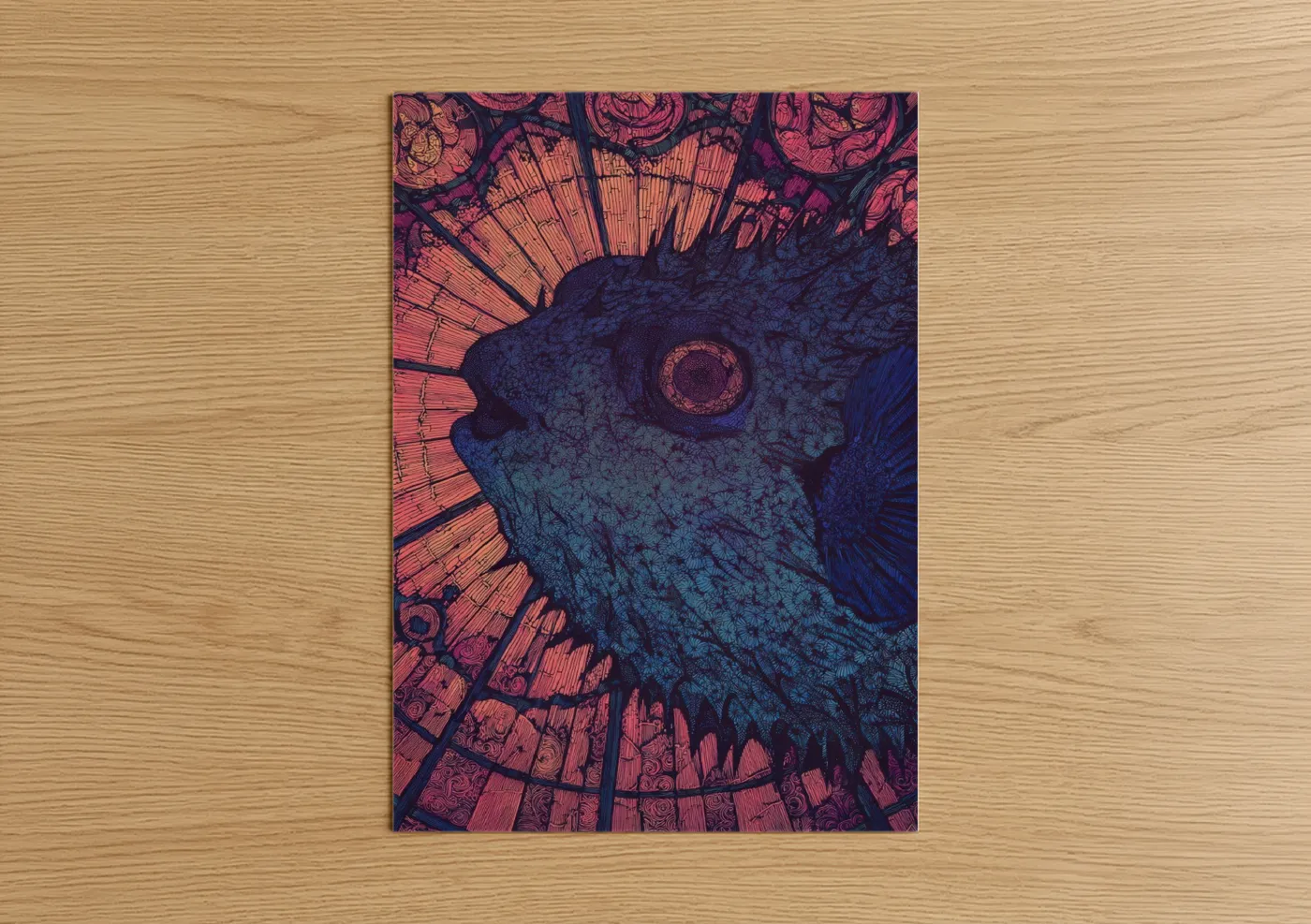 Art print on warm oak wood — dark blue and salmon pink palette — Cosmic Puffer Fish poster