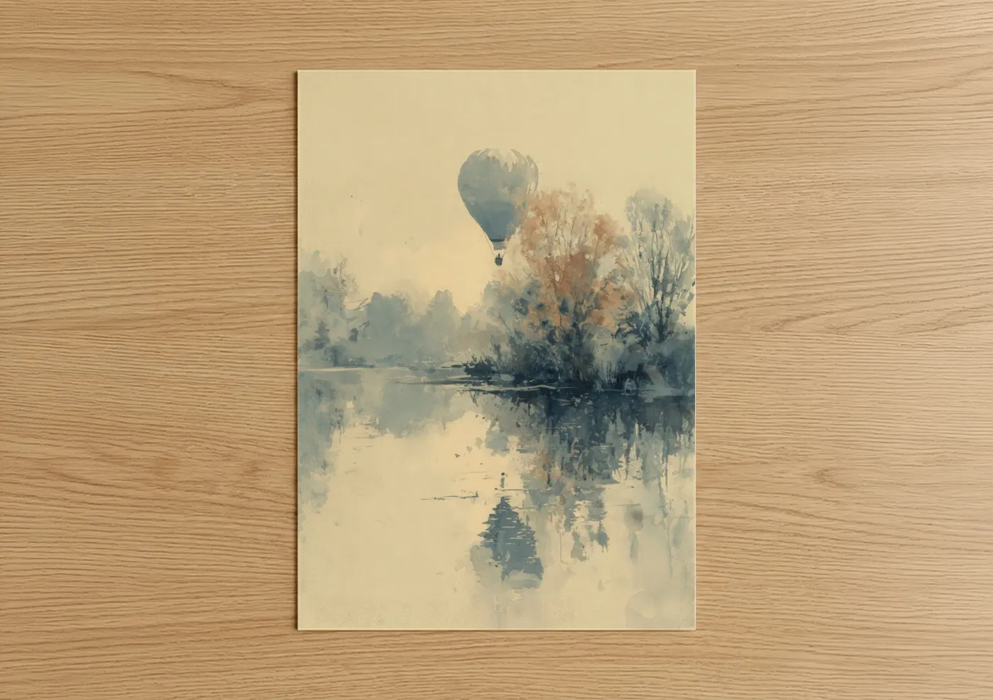 Hot Air Balloon Misty River Watercolor Wall Art