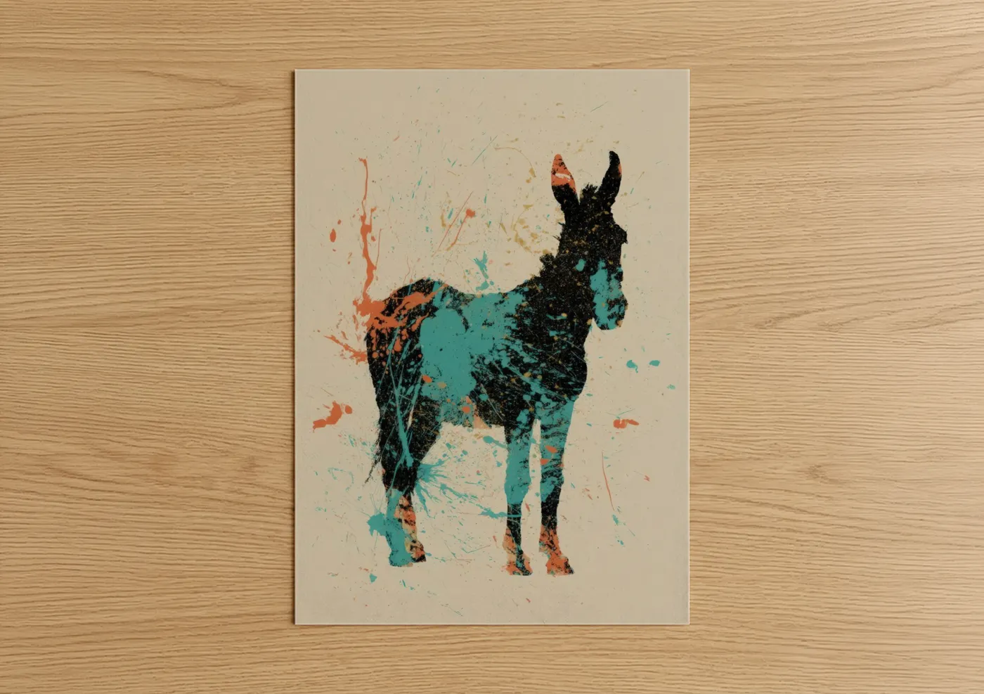 Art print on warm oak wood — teal and orange palette — Splatter Donkey poster