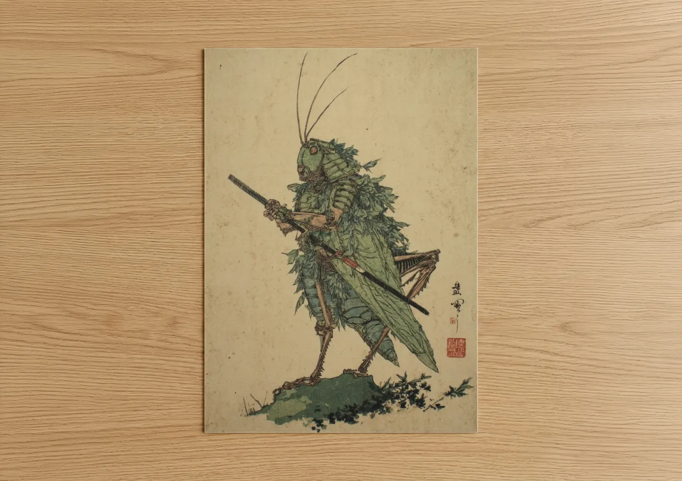 Art print on warm oak wood — light green and cream palette — Armored Grasshopper poster