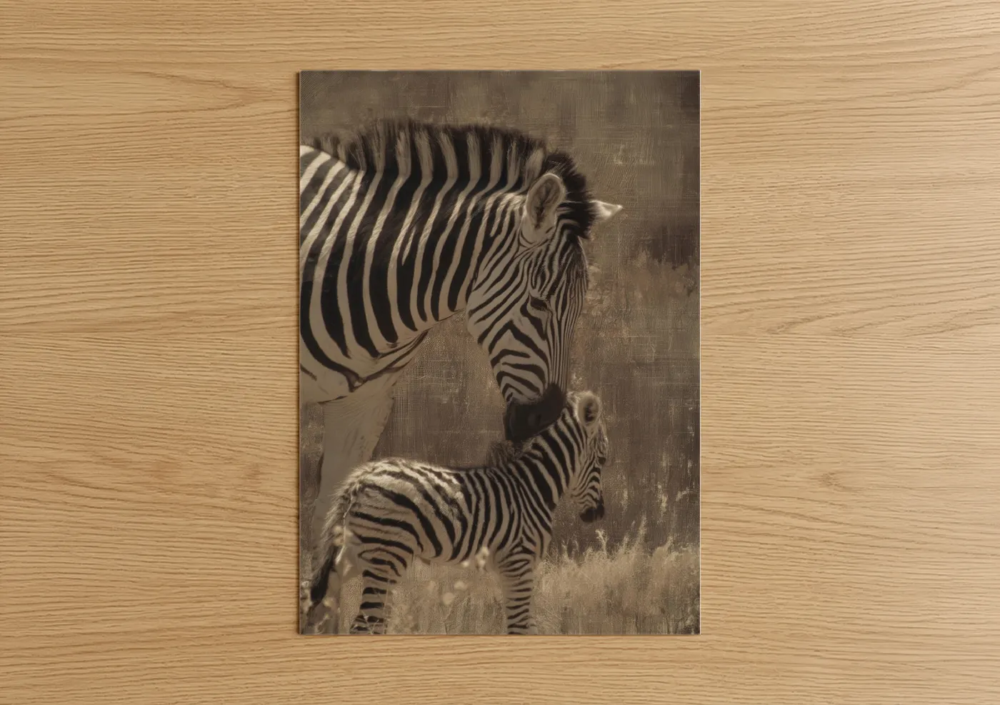 Art print on warm oak wood — beige and dove gray palette — Mother Zebra Bond poster