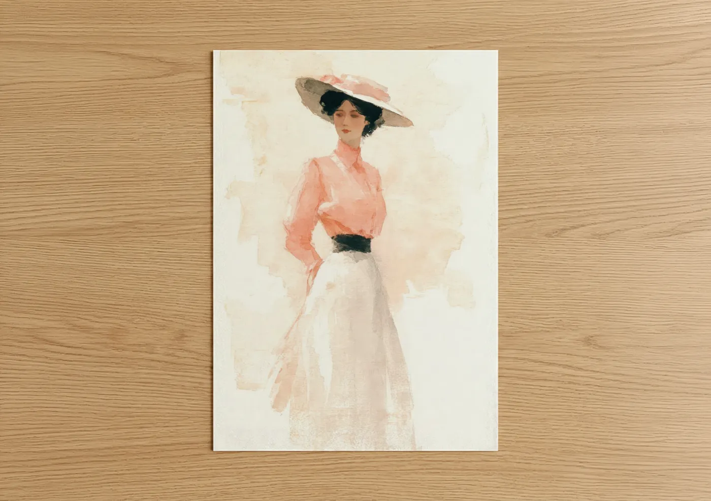 Vintage fashion art print on warm oak wood — peach and cream palette — Elegant Gibson Girl poster