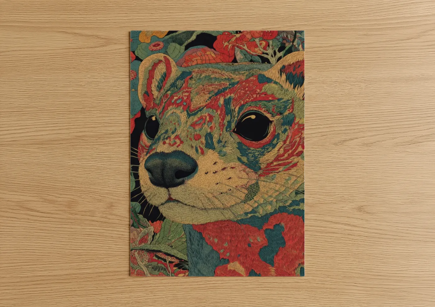 Crimson Weasel Woodblock Wall Art