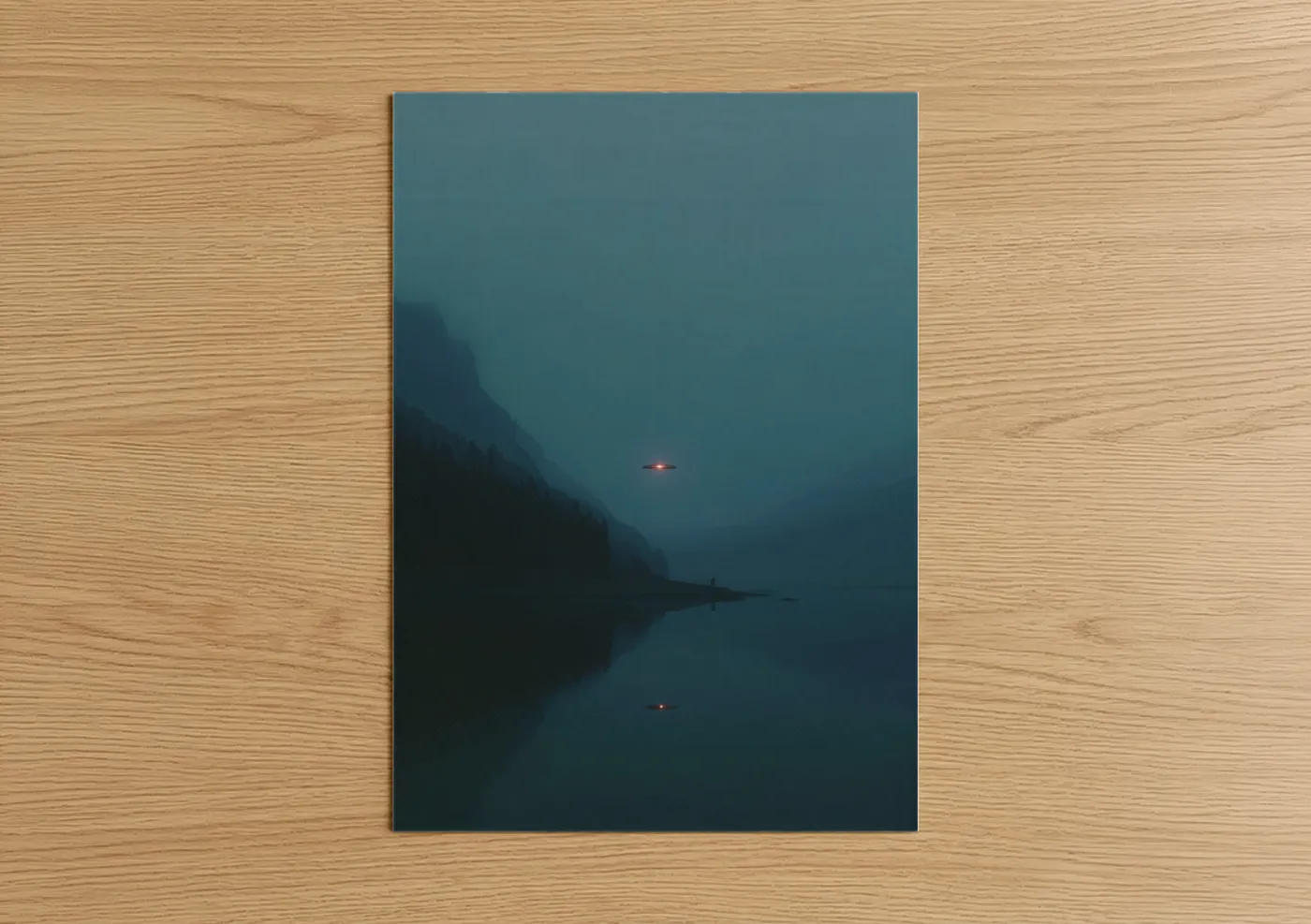 Art print on warm oak wood — dark blue and black palette — Misty Lake UFO poster