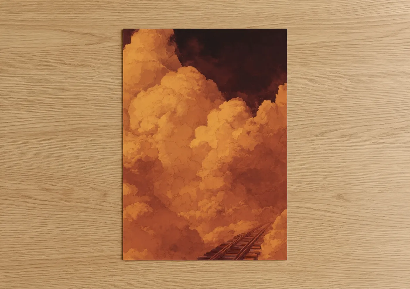 Art print on warm oak wood — gold and maroon palette — Sunset Train Tracks poster