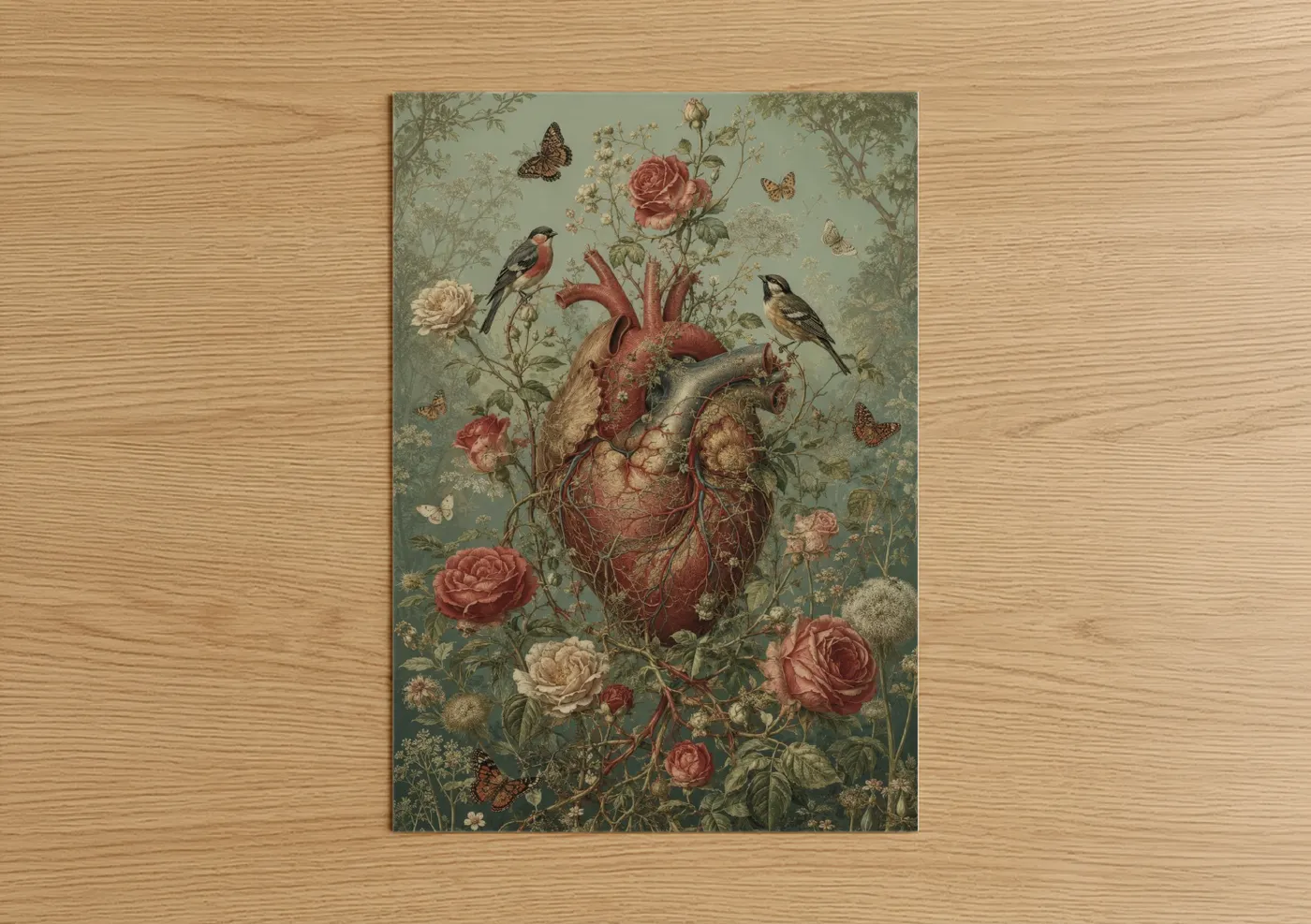 Roses art print on warm oak wood — rose gold and sage green palette — Anatomical Heart Floral Songbird Wall Art poster