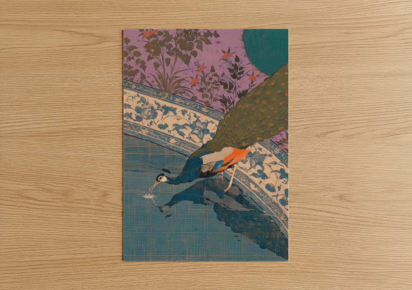 Art print on warm oak wood — teal and pink palette — Garden Peacock poster