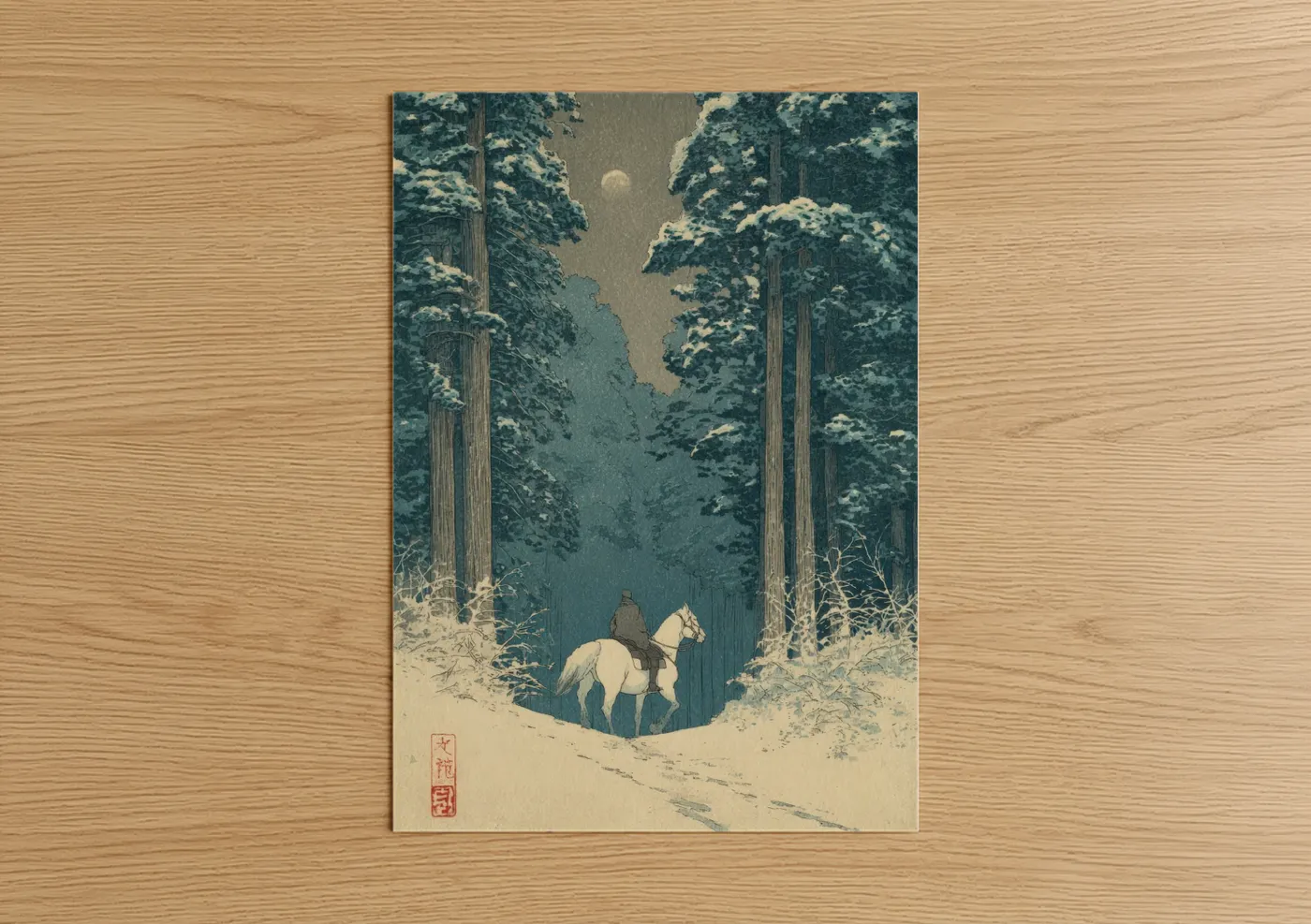 Horseback art print on warm oak wood — teal and cream palette — Snowy Forest Rider poster