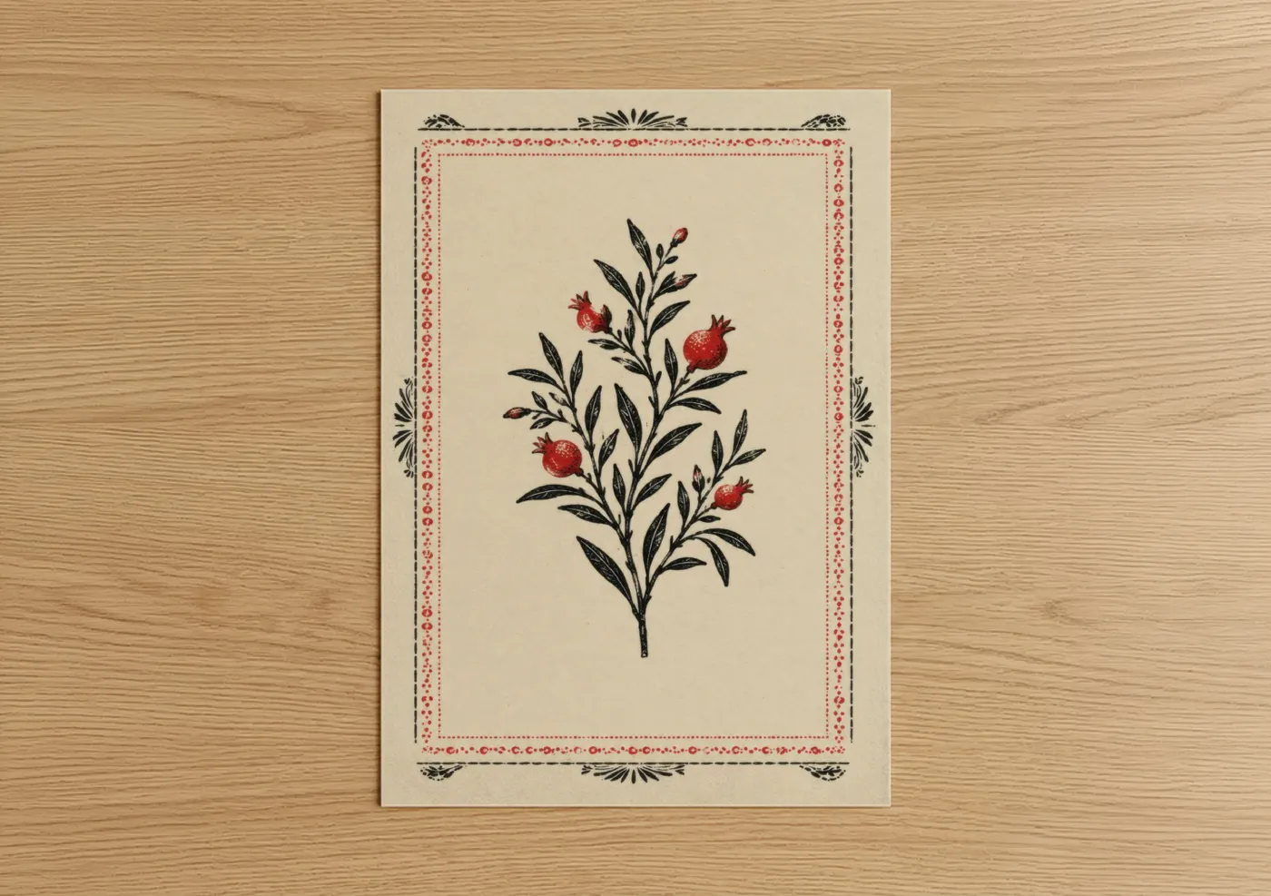 Floral and botanical art print on warm oak wood — red and beige palette — Pomegranate Botanical Illustration Wall Art poster