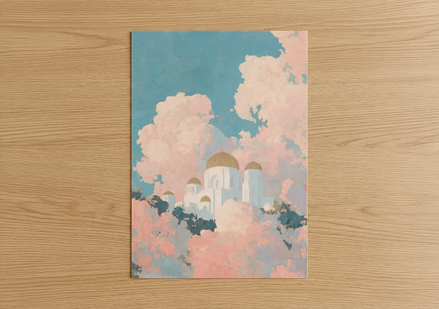 White Castle Pink Sky Illustration Wall Art
