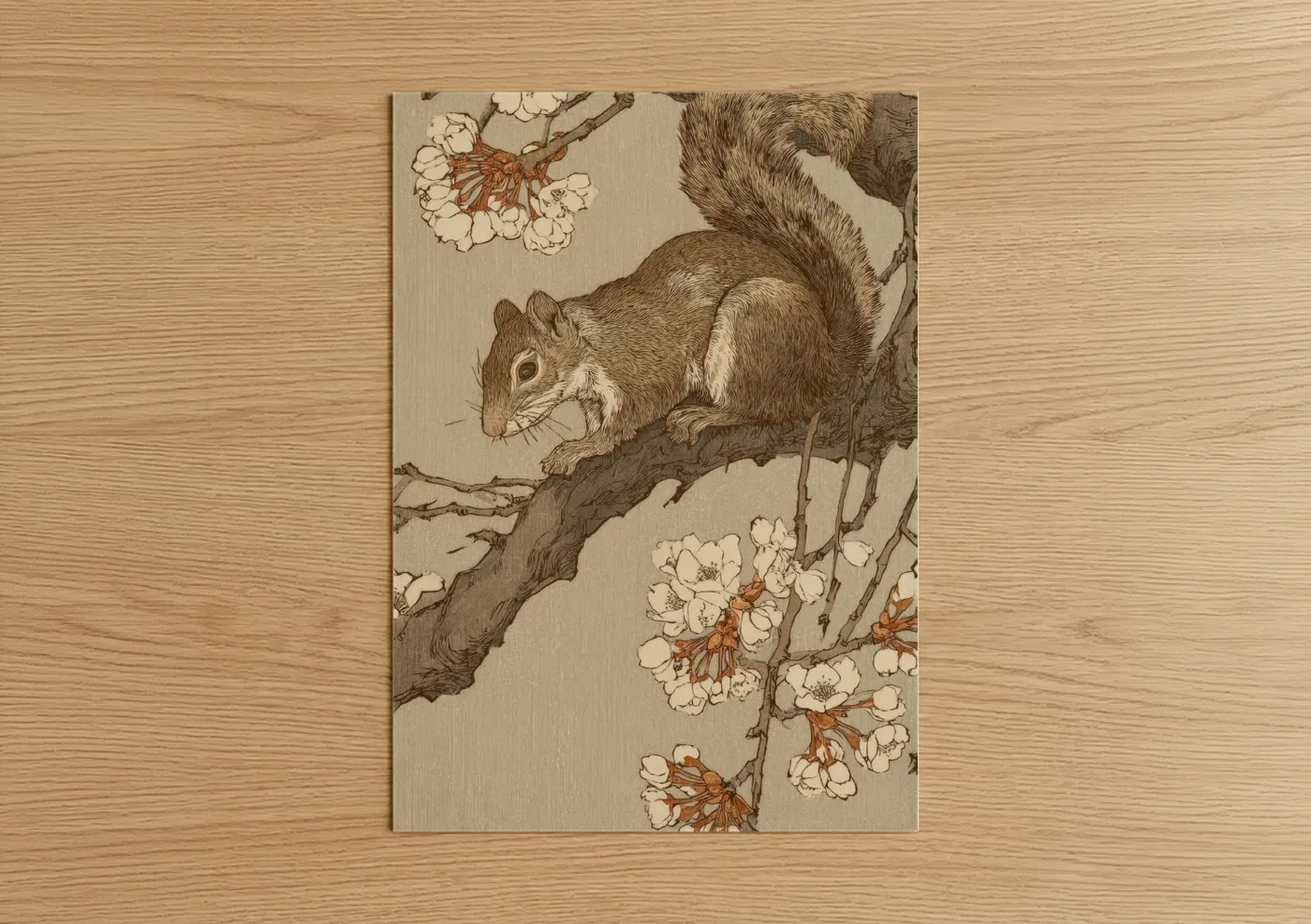 Squirrel Cherry Blossoms Nature Illustration Wall Art