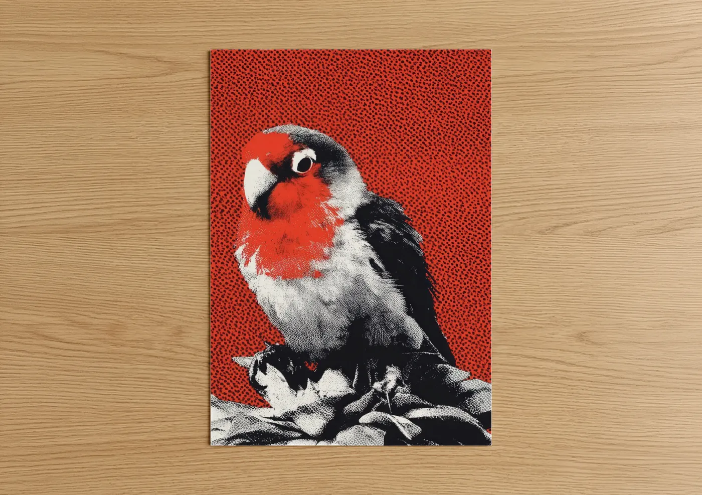 Safari parrots art print on warm oak wood — red and black and white palette — Red Parrot Portrait poster
