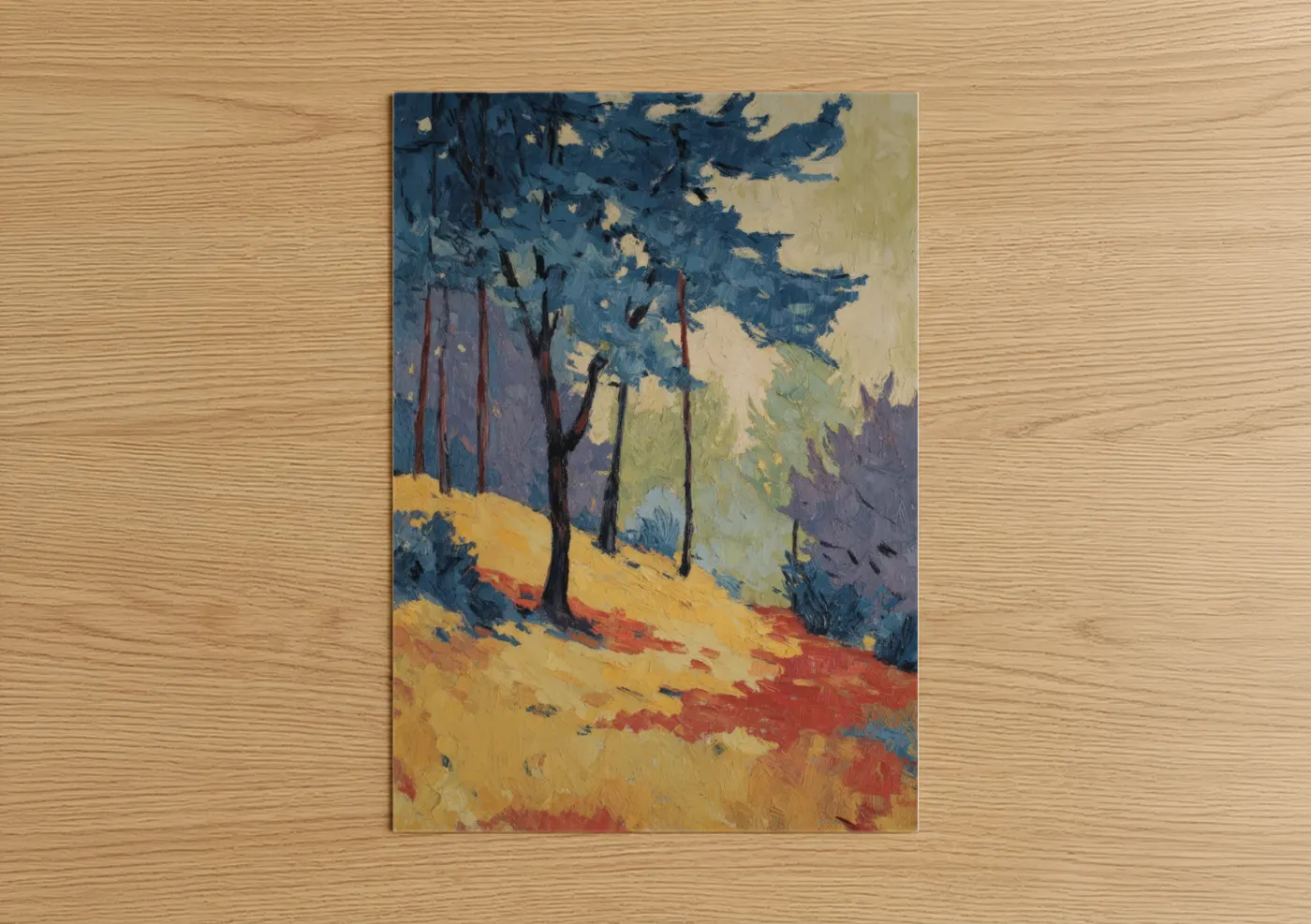 Redwood tree art print on warm oak wood — gold and blue palette — Golden Redwood Forest poster