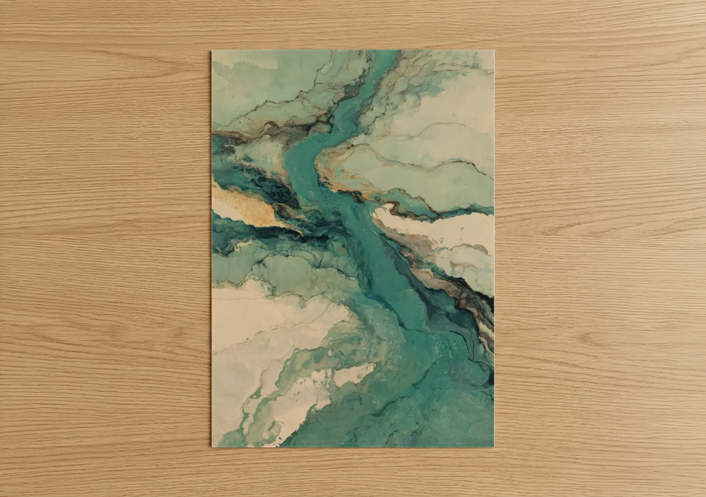 Himalayas art print on warm oak wood — turquoise and cream palette — Turquoise Mountain Passage poster
