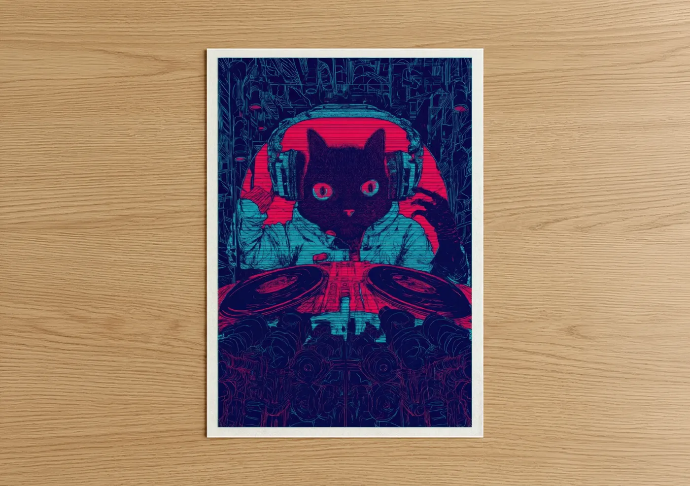 Art print on warm oak wood — magenta and teal palette — DJ Cat Vibes poster