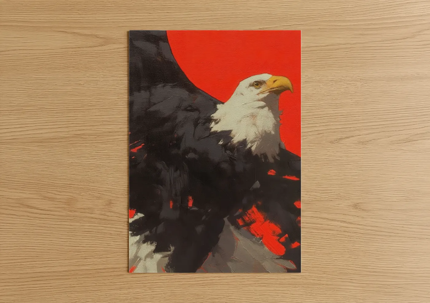Art print on warm oak wood — red and black palette — Crimson Eagle poster