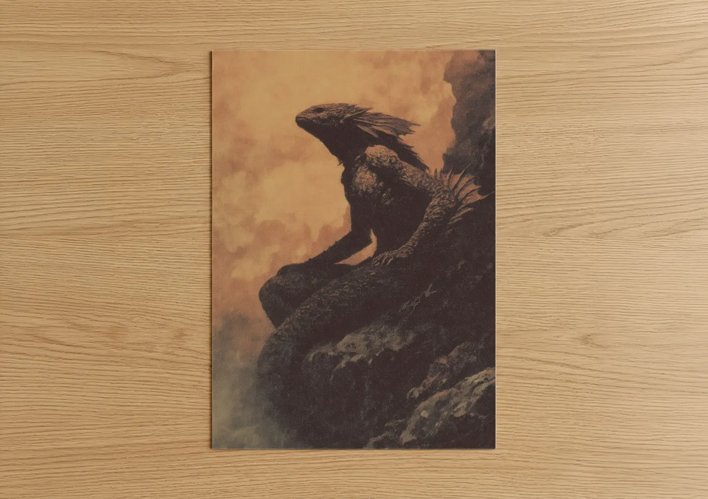 Art print on warm oak wood — gold and black palette — Coastal Siren poster