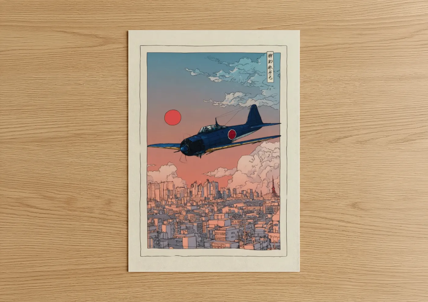 Vintage Airplane Sunset Cityscape Wall Art