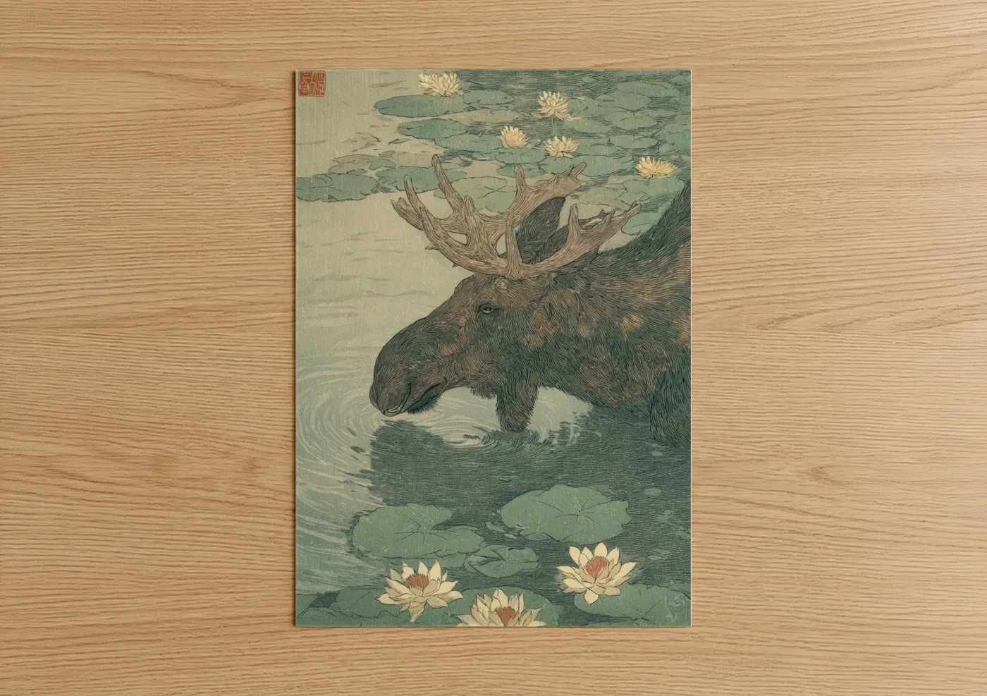 Art print on warm oak wood — sage green and cream palette — Moose Lily Pond poster