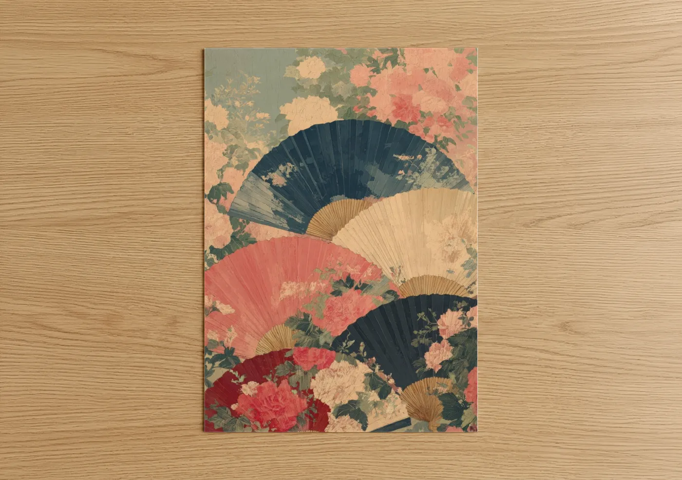 Accessories art print on warm oak wood — salmon pink and dark blue palette — Floral Fan Collection poster