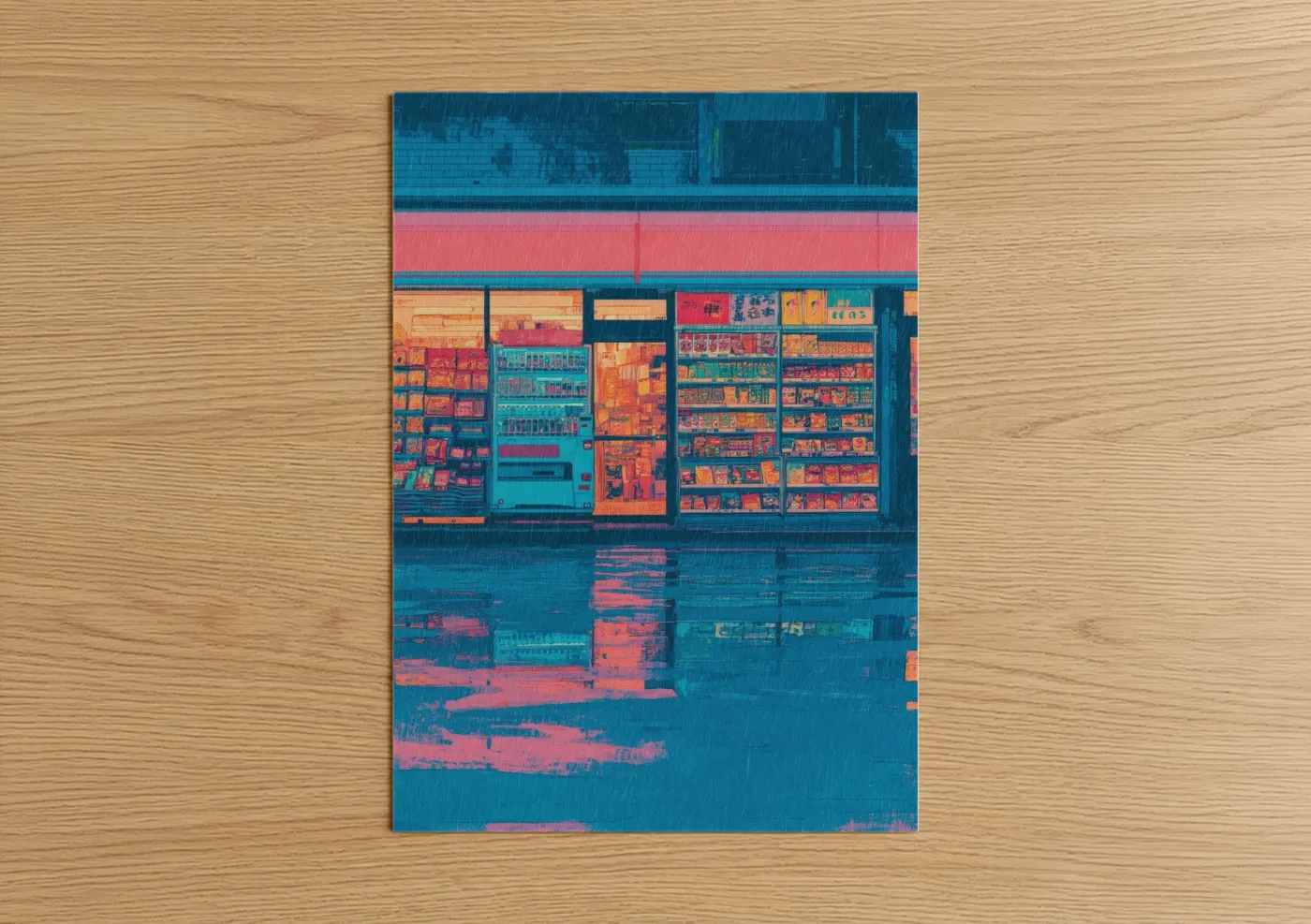 Art print on warm oak wood — blue and teal palette — Neon Store Front poster