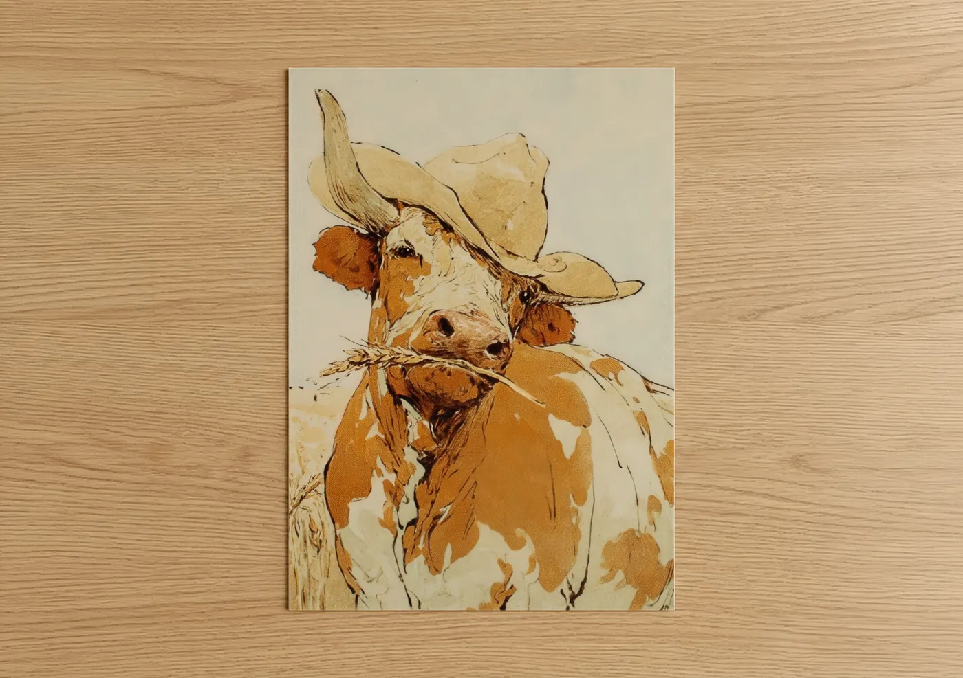 Longhorn cow art print on warm oak wood — cream and russet palette — Cowboy Longhorn poster