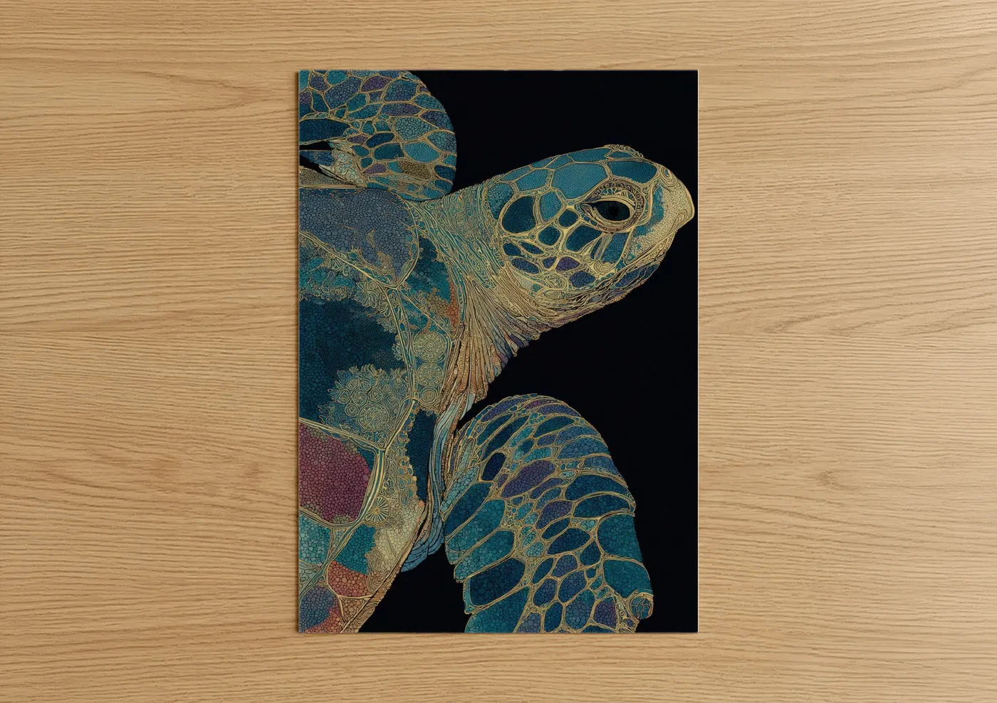 Art print on warm oak wood — teal and gold palette — Golden Turtle poster