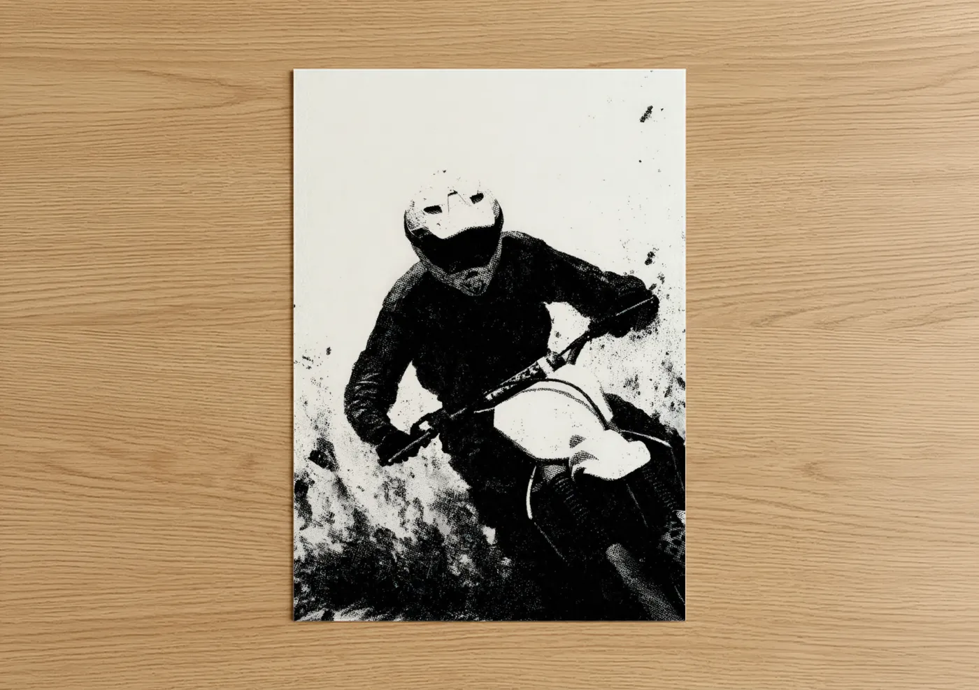 Art print on warm oak wood — black and white palette — Airborne Motocross poster