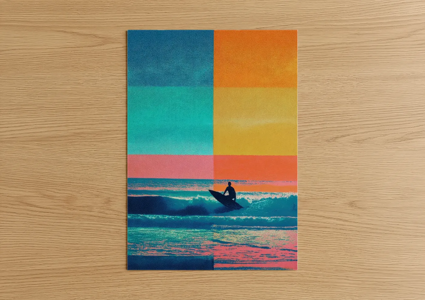 Water surfing art print on warm oak wood — orange and turquoise palette — Vibrant Surfer poster