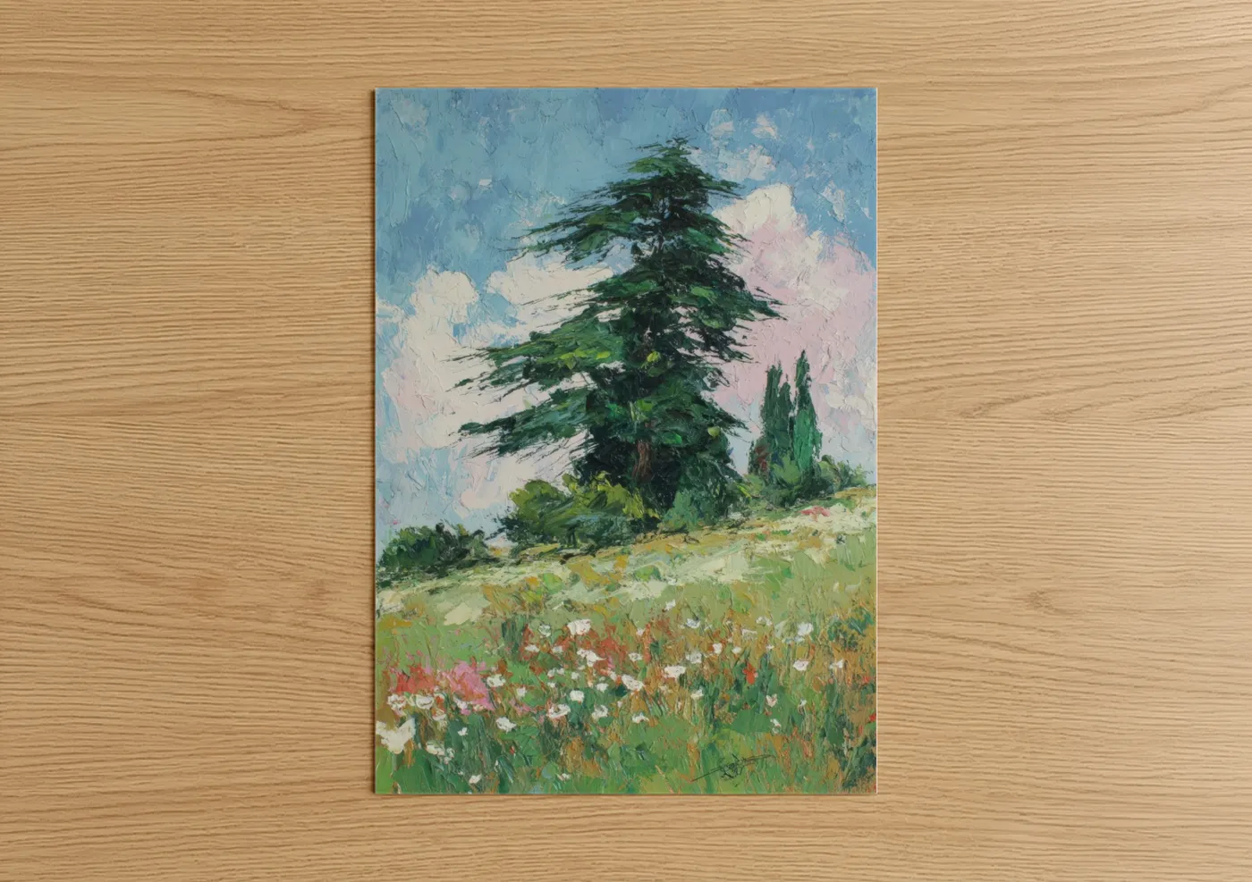 Cedar tree art print on warm oak wood — blue and green palette — Windswept Cedar poster