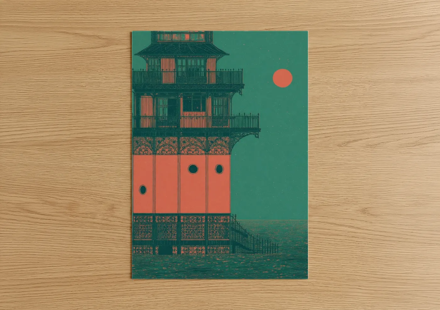 Art print on warm oak wood — teal and salmon pink palette — Crimson Lighthouse Tower poster