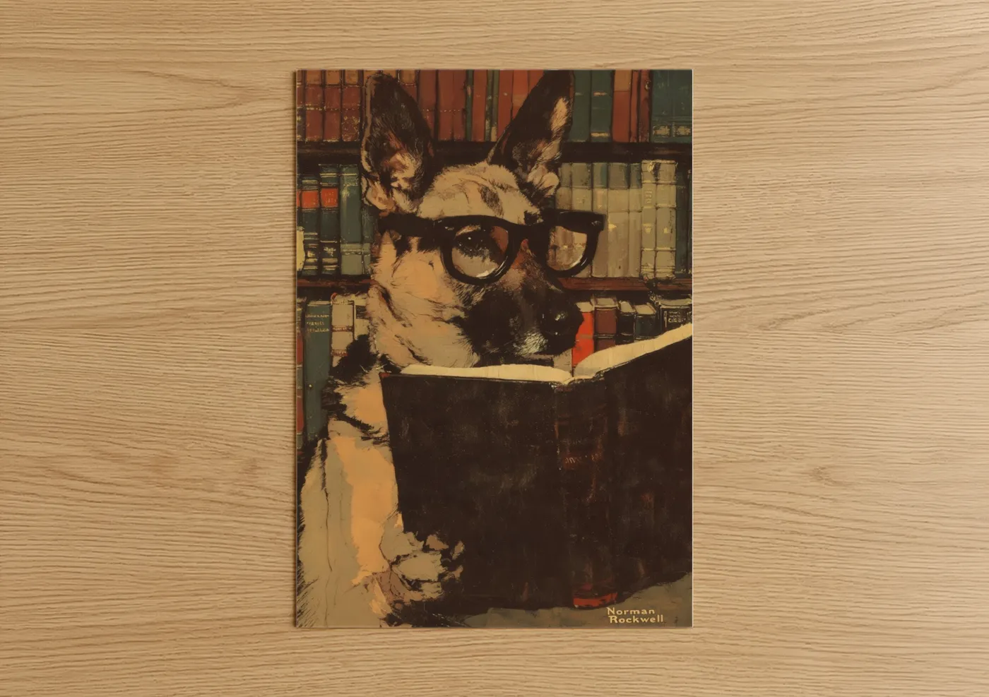 Shepherd dogs and collies art print on warm oak wood — russet and cream palette — Scholarly Shepherd poster